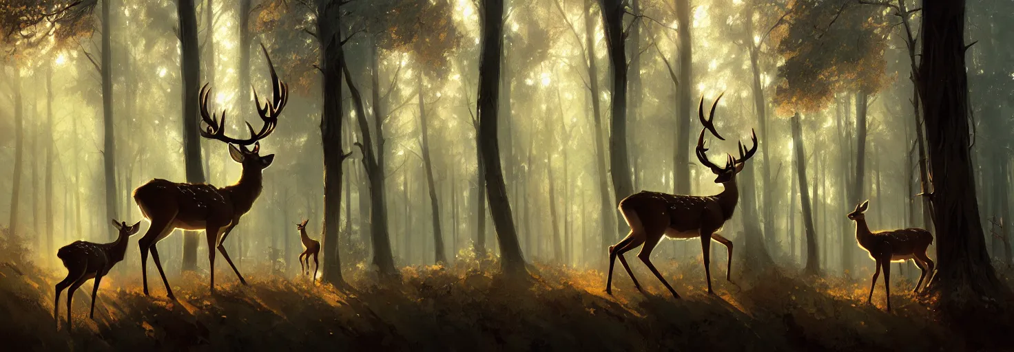 Image similar to Deer in Sherwood Forest, full frame, highly detailed, digital painting, artstation, concept art, smooth, sharp focus, illustration, art greg rutkowski and alphonse mucha