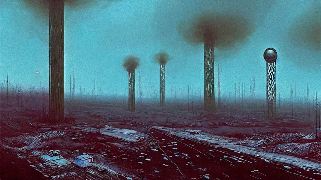 Image similar to Nuclear, Redwood Desolation; Location: Norilsk Russia; by Simon Stålenhag; retro natural-futurism;