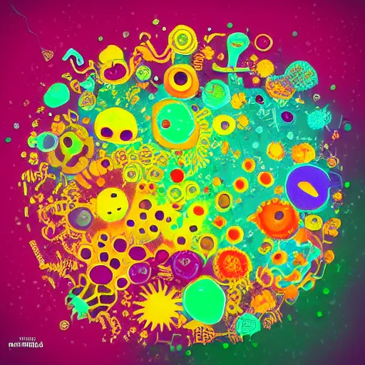 Image similar to bacteria, microbes, virus, dancing in a miniature colorilful world, a poster in the style of push pin studios