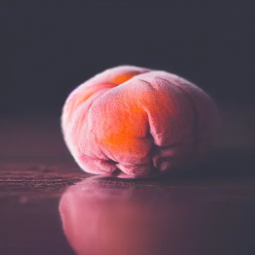 Image similar to a macro photo of a round peach's dry hairy skin, hyper realistic, hyper detailed, 35mm, very grainy film, pink volumetric studio lighting, bokeh, black background award winning shot, vogue magazine, cinematic, 8k, very closeup, elegant, tender, pastel