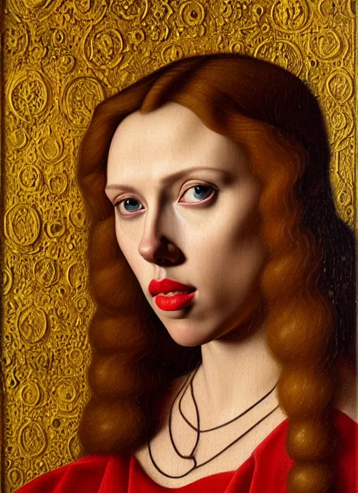 Image similar to portrait of scarlett johansson, oil painting by jan van eyck, northern renaissance art, oil on canvas, wet - on - wet technique, realistic, expressive emotions, intricate textures, illusionistic detail