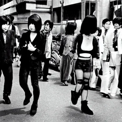 Image similar to 1 9 7 0 s japanese tv show, body - horror, bw, mechanical inhuman monsters walking the streets of shinjuku,