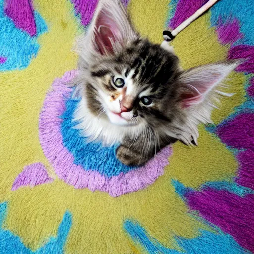 Prompt: a playful cream colored maine coon kitten is alone in a dark and dust parlor. it plays with cat toys on a colorful round throw rug. the rug has tassel fringes is in the middle of the parlor. a dusty beam of light comes in from a window but parlor is dim. 8 k, 4 k, digital art, artstation