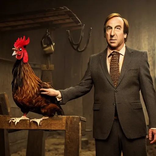 Prompt: saul goodman and a rooster in a medieval torture chamber, saw blades and knives in the background, horror movie, saul goodman, rooster!!!!, real life photo, highly detailed face