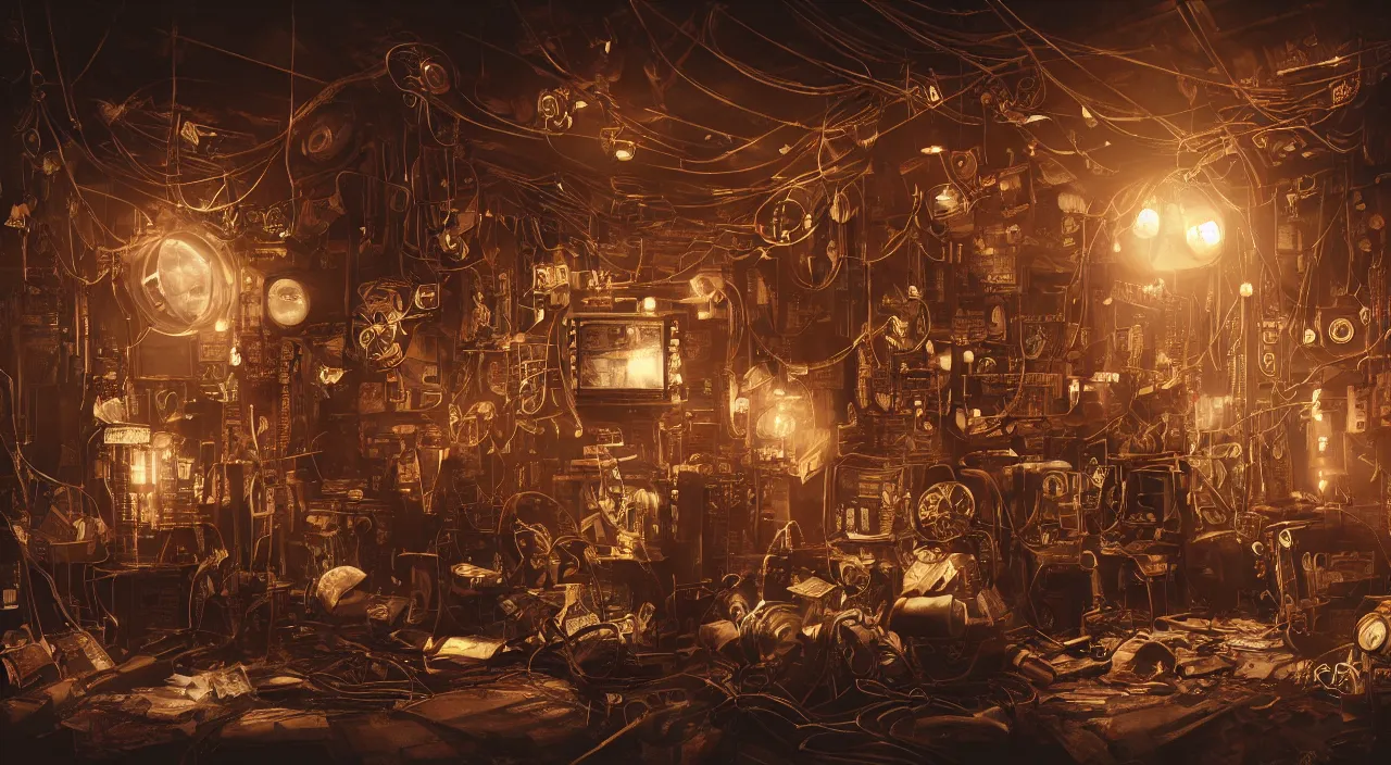 Prompt: Steampunk interior, room of wires, television screens, random technology, other junk, rubbish, dirty, subdued lighting, neon bulbs, single light source, photographic quality, directed by Stanley Kubrick, atmospheric lighting, cinematic, trending on artstation, octane render