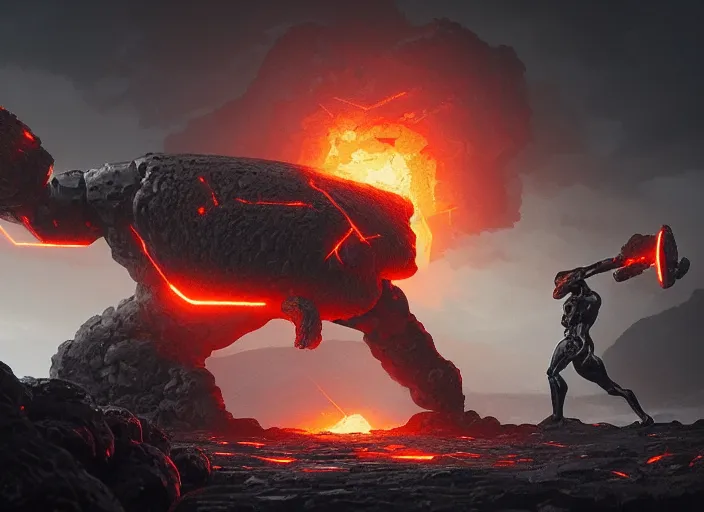 Image similar to epicly designed very muscular stone obsidian robot with human body fighting a deadly beast made from lava with background by greg rutkowski