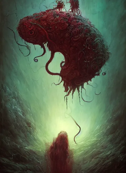 Image similar to the caterpillar, call of cthulhu, highly detailed, cinematic, 8 k, by megan duncanson, benjamin lacombe, adrian borda, stanley artgermm, tom bagshaw, craig mullins, carne griffiths, ayami kojima, beksinski, giger, trending on deviantart, hyper detailed, horror, full of colour