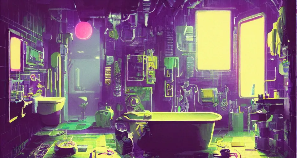 Image similar to IKEA catalogue photo of a cyberpunk bathroom, by Paul Lehr