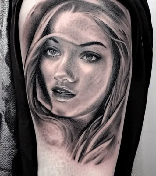 Image similar to tattoo design sketch of a beautiful girl portrait in front of a faded mountain background, in the style of den yakovlev, black and white, realism tattoo, hyper realistic, highly detailed