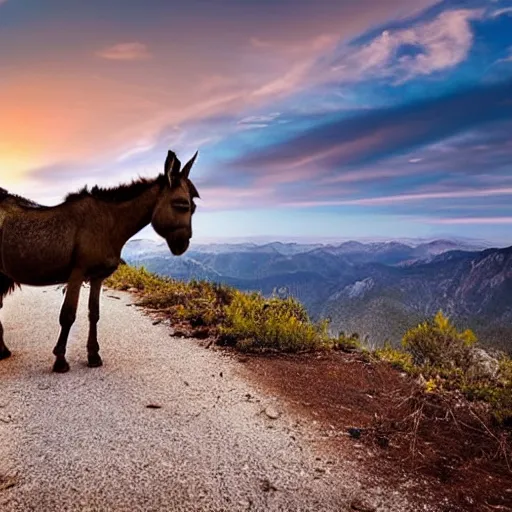 Prompt: an amazing portrait of a donkey on a slim rocky path at the edge of a cliff, rocky mountains in the background, sunset sky photography, award winning cinematic lighting, highly detailed