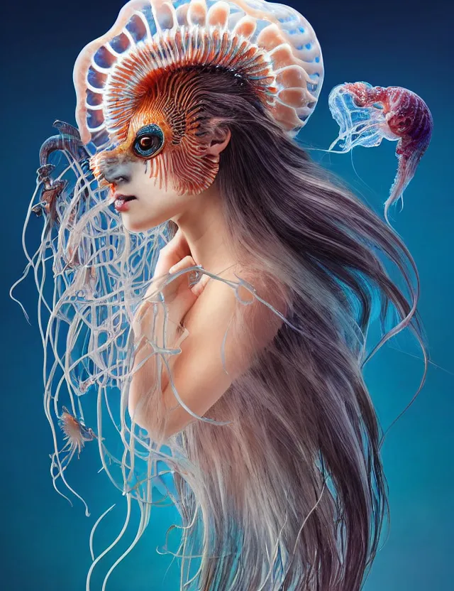 Image similar to 3 d goddess jellyfish half - turn portrait with long hair with ram skull. beautiful intricately detailed japanese crow kitsune mask and clasical japanese kimono. betta fish, jellyfish phoenix, bio luminescent, plasma, ice, water, wind, creature, artwork by tooth wu and wlop and beeple and greg rutkowski