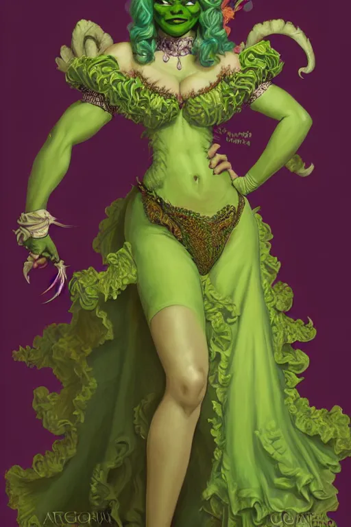 Image similar to d&d character artwork of a green-skinned orc drag queen wearing a frilly rococo ballgown and wearing a huge rococo powdered wig, rococo fashion, D&D, fantasy, highly detailed, digital painting, artstation, smooth, sharp focus, illustration, art by artgerm and greg rutkowski and alphonse mucha