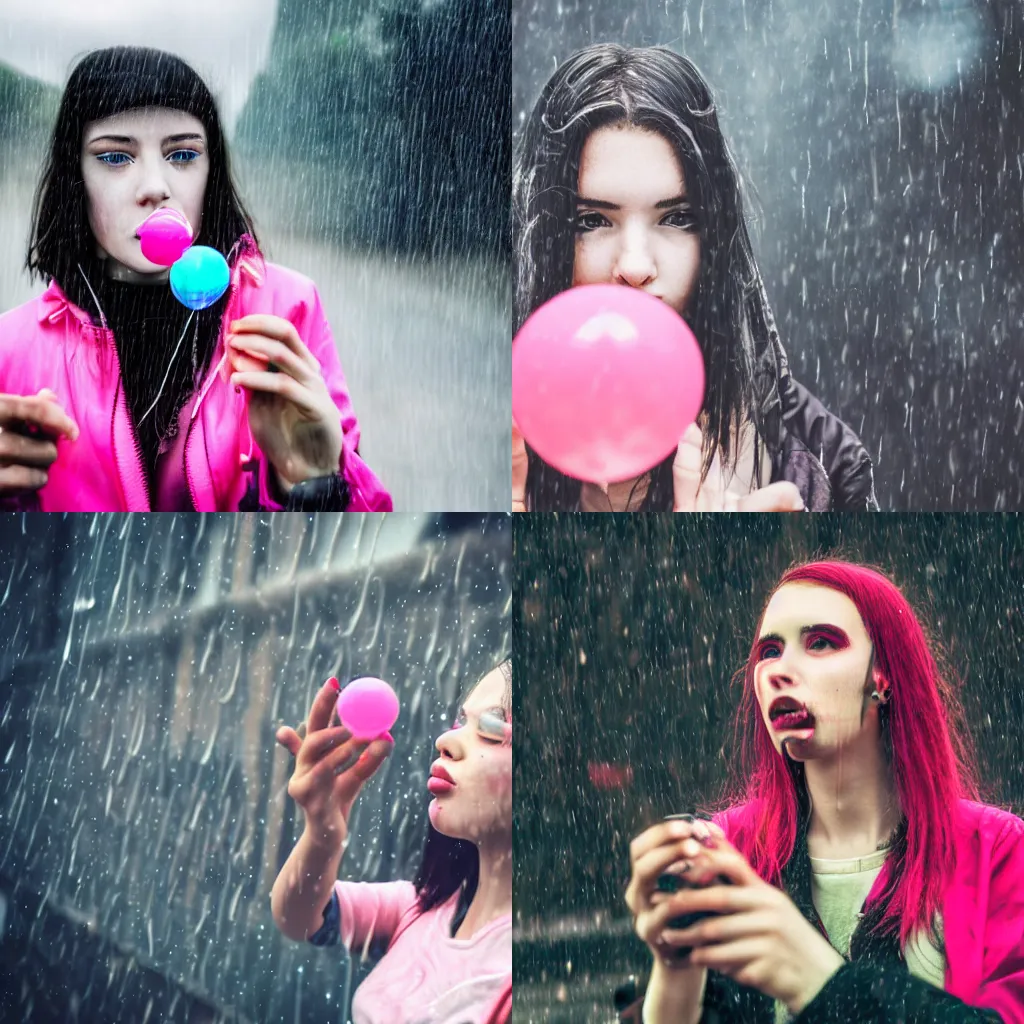 Prompt: Selfie of a cyberpunk girl blowing a bubblegum balloon, rainy weather, high quality photograph