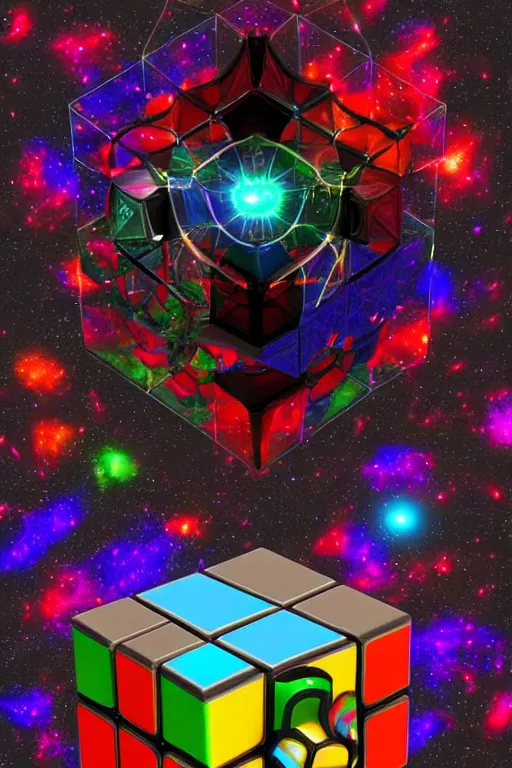 Image similar to four dimensional parallel universe cosmic rubik's cube hypercube tesseract with wormholes, energy, galaxies and cubes around it. epic, dramatic, cinematic, digital art, octane render, blender, 8 k, hyperrealistic, trending on artstation