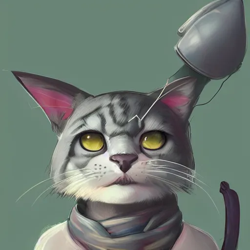 Image similar to portrait of a grey american shorthair cat as teemo from league of legends, digital painting, artwork by ross tran + ramond swanland + liam wong