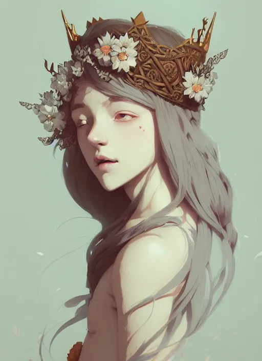 Image similar to portrait of cute nymph girl with crown of flowers with celtic tattoos, fantasy, by atey ghailan, by greg rutkowski, by greg tocchini, by james gilleard, by joe gb fenton, by in kaethe butcher, dynamic lighting, gradient light blue, brown, blonde cream and white color in scheme, grunge aesthetic