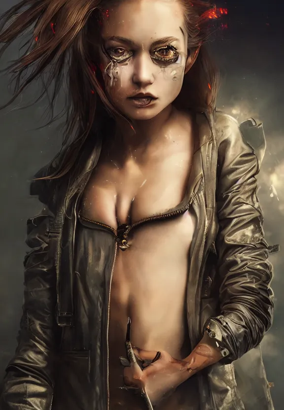 Image similar to full body illustration of girl with eyes that burn like cigarettes wearing a short skirt and a long jacket with fingernails that shine like justice, dramatic lighting, photorealistic, full body portrait, detailed anatomy, extreme detail, 4 k, colorful, artgerm and ben lo, octane render, detailed face, f / 2. 8