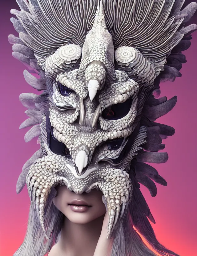 Image similar to 3 d goddess close - up 3 / 4 portrait with ram skull. beautiful intricately detailed japanese crow kitsune mask and clasical japanese kimono. betta fish, jellyfish phoenix, bio luminescent, plasma, ice, water, wind, creature, artwork by tooth wu and wlop and beeple and greg rutkowski