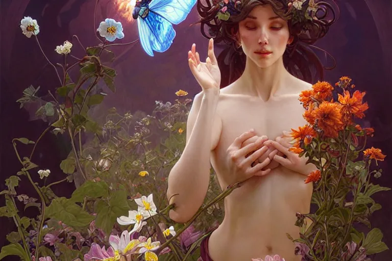 Image similar to the platonic ideal of flowers, growing, insects and praying of ubermench, mix of a woman and a man, d & d, fantasy, ego death, decay, dmt, psilocybin, art by artgerm and greg rutkowski and alphonse mucha