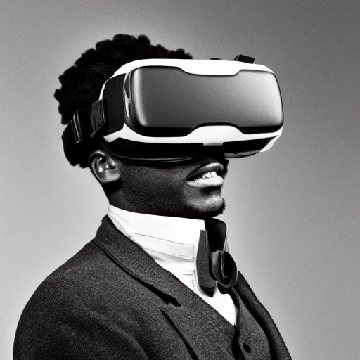 Image similar to an old historical black and white portrait photograph of a man wearing VR goggles in the wild west, during the gold rush, 19th century