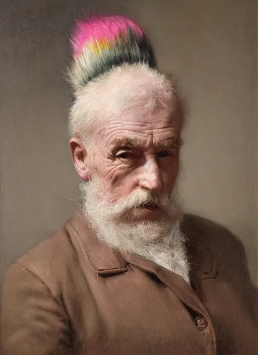 Image similar to a portrait of old man with a detailed pink mohawk by edouard bisson, punk rock, oil painting, muted colours, soft lighting