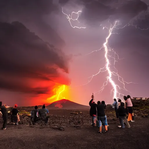 Prompt: humans at a volcano praying to a giant post modern statue of a terrifying baby seal made from glass and and obsidian and metal, ominous skies with lightning and volcanic lightning, evil, ominous lighting, Leica, 4k photo