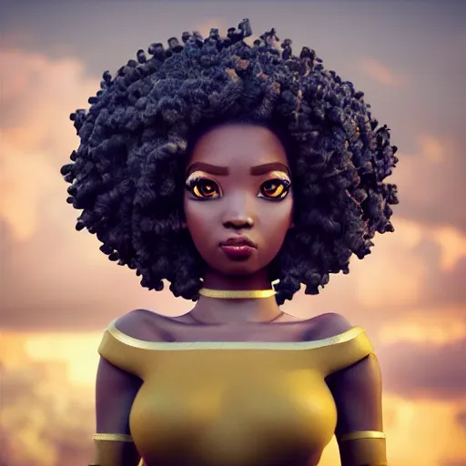 Image similar to beautiful afroame elf, clash royal style characters, unreal engine 5, octane render, detailed, cinematografic, cinema 4 d