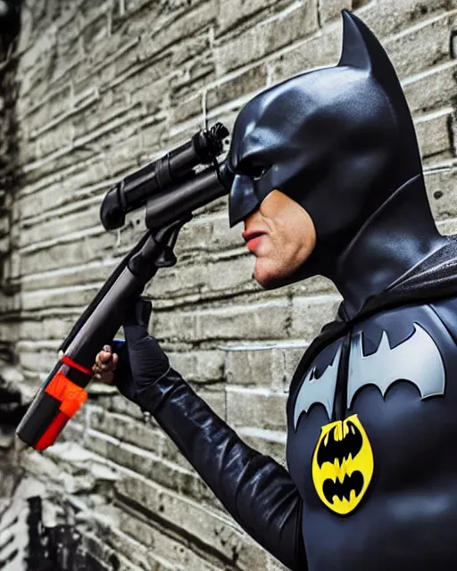 Image similar to happy batman firing super soaker water gun at playful criminals in an alleyway, everyone having fun, product advertisement, photography