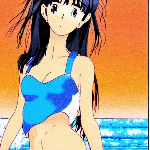 Prompt: girl in swimsuit at the beach running into water, sprite, vaporwave nostalgia, directed by beat takeshi, visual novel cg, 8 0 s anime vibe, kimagure orange road, maison ikkoku, sketch by osamu tezuka, directed by makoto shinkai and beat takeshi