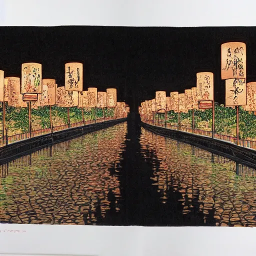 Image similar to concept art, river lanterns on the eve of ullambana festival, high resolution, by james gurney, katsushika hokusai, fujishima takeji, hiroshi yoshida, artstation