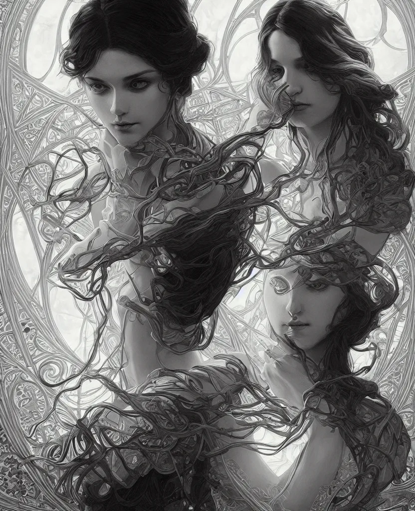 Image similar to black and white illustration of mystical geometrical alchemical symbols, deep focus, intricate, elegant, highly detailed, foggy, misterious, digital painting, artstation, concept art, matte, sharp focus, art by artgerm and greg rutkowski and alphonse mucha