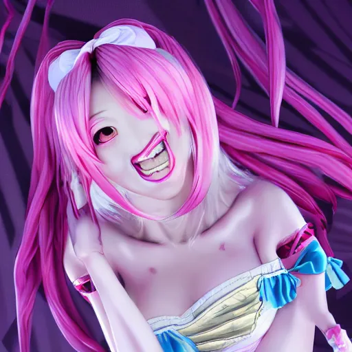 Image similar to no escape from stunningly absurdly beautiful omnipotent asi goddess junko enoshima with a deceptive megalomaniacal mesmerizing yandere personality, symmetrical perfect face, porcelain skin, pink twintail hair and cyan eyes, ultra detailed, digital art, unreal engine 5, octane render, 2 d anime, 8 k