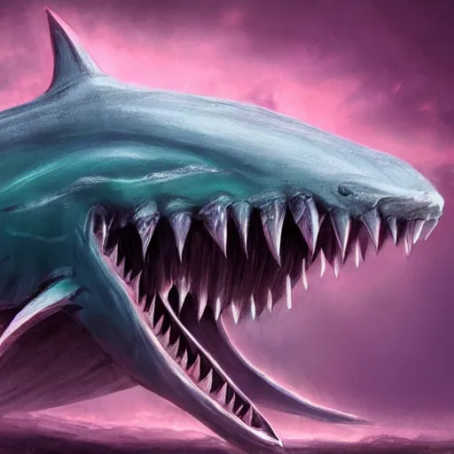 Image similar to d & d fantasy art, a huge human mouth with large flat teeth, large dorsal fins swimming through a dark ocean, pink skin, sinew, concept art, character art, horror