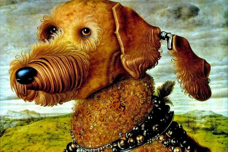 Prompt: portrait of airedale terrier. painting by giuseppe arcimboldo