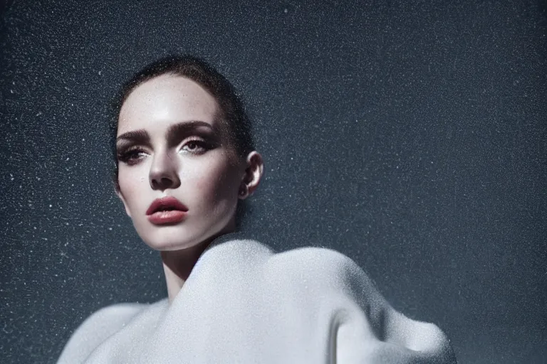 Prompt: a cinematic bust portrait of a beautiful model wearing long white futuristic coat on the top of a sky scraper, large diffused light, ultra realistic faces, 4 k, ultra realistic, dramatic lighting, rain, clouds, fog, neon, vogue, fashion, glamour, magazine spread, by!! marco mazzoni!!