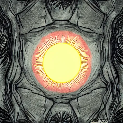 Image similar to upside down sun with trees coming out of it and enveloping it entirely, digital drawing