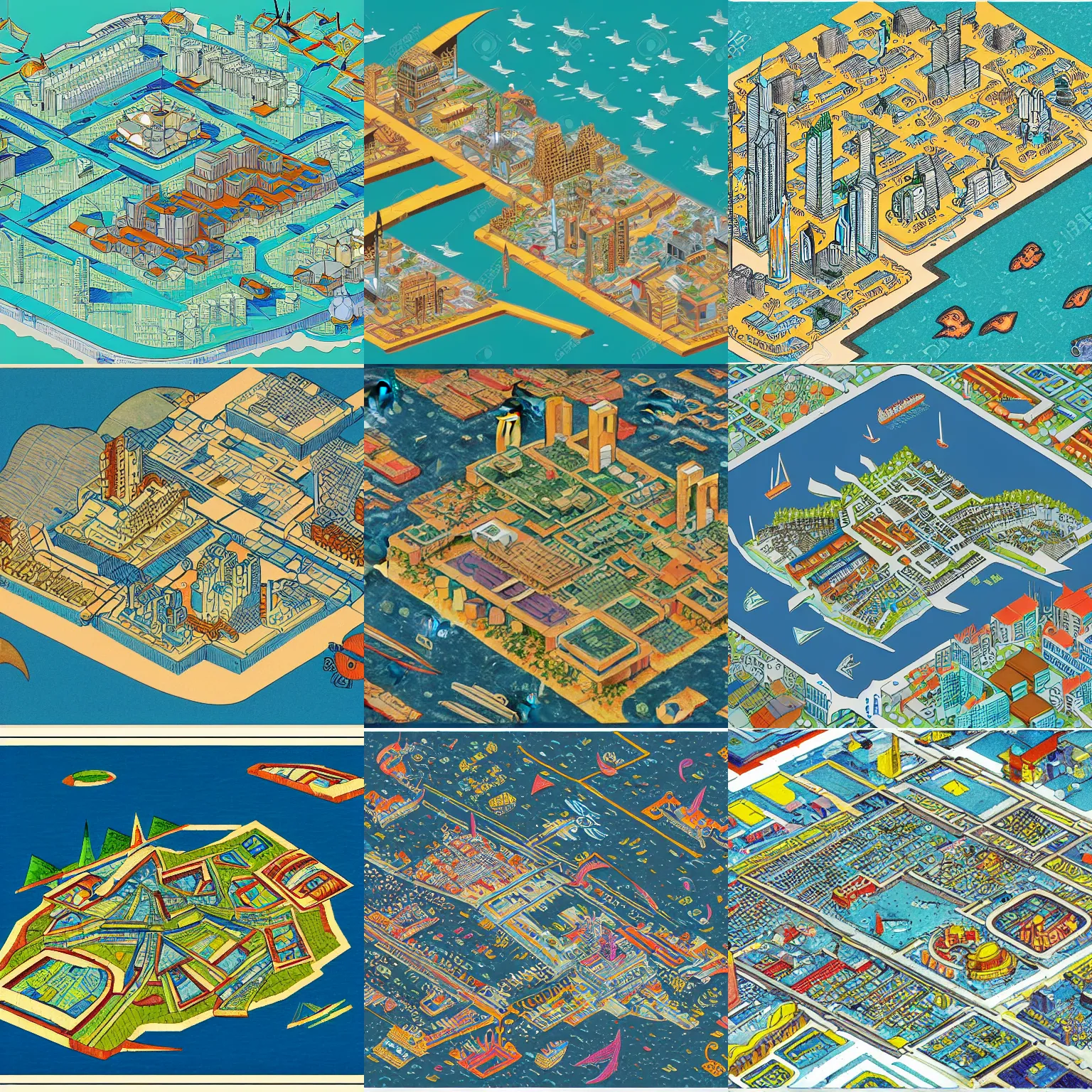 Prompt: an isometric map of a futuristic city located in an island surrounded by water with a few flying ships stationed around it, in the style of diego rivera schiele, full color, exploded view