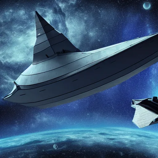 Prompt: Spaceship called the Decima made of Phthalo blue adamantite hull, flying in space, whale shaped, 4k
