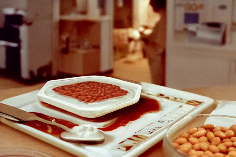 Image similar to yogurt, baked bean and cheese aspic, in 1 9 9 5, y 2 k cybercore, industrial low - light photography, still from a ridley scott movie