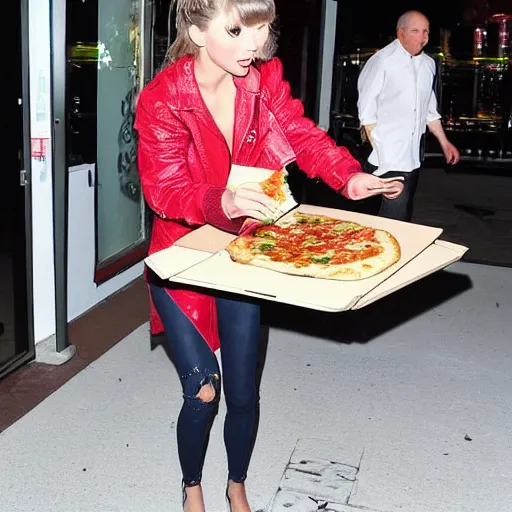 Prompt: paparazzi photo catches feedee Taylor Swift eating an entire pizza by herself with her big bloated belly on display