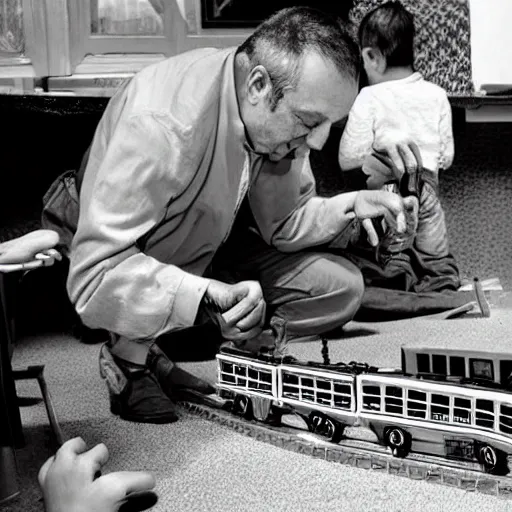 Image similar to alfredo perez rubalcaba playing with train toys