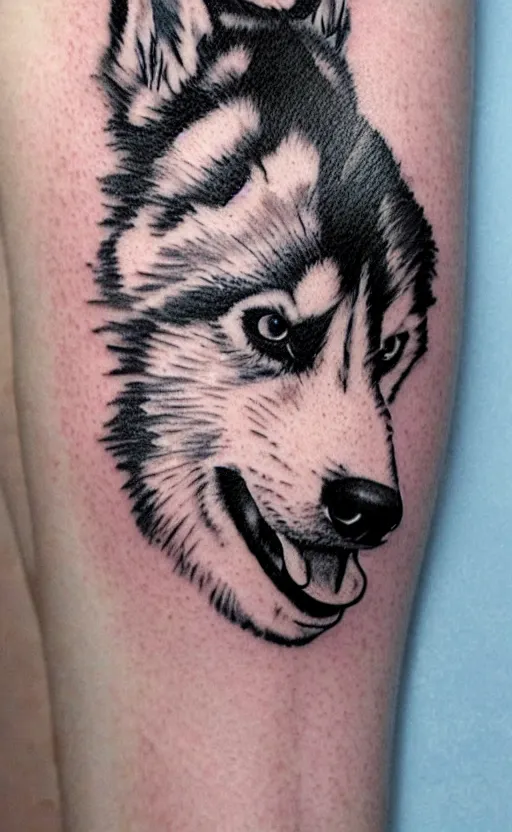 Image similar to a tattoo of a husky dog, detailed, tattoo,