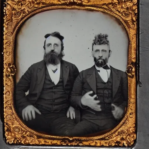 Image similar to tintype photo of rick and morty. 1 8 8 0 s