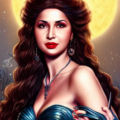 Image similar to a detailed fantasy character portrait of faten hamama as goddess of noir films by lauri blank, artgerm, evelyn de morgan, 8K, 50mm lens