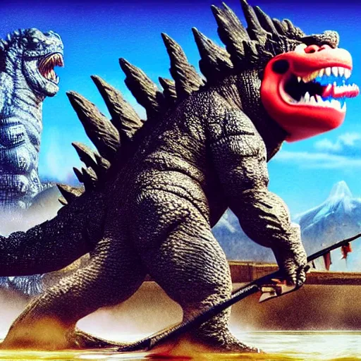 Prompt: Godzilla and Donkey Kong on a fishing trip, hyper realistic, HD, HQ, photo realistic