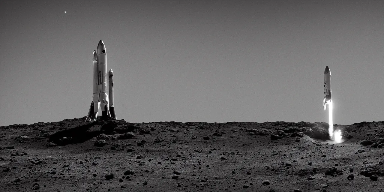 Image similar to black and white photo of a rocket landing on bright mars, black background, cinematic film still, high contrast, astrophotography, 4 k, hard lighting, cgi, octante render,