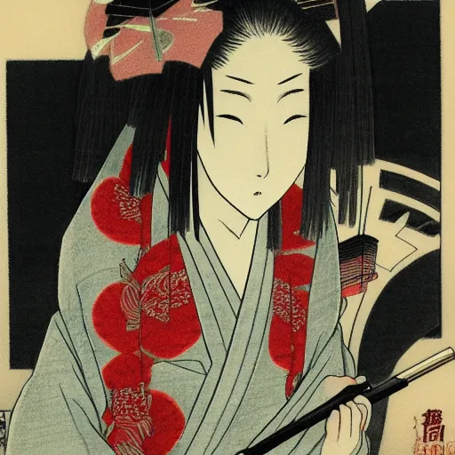 Image similar to a woman in a kimono holding an umbrella, an anime drawing by Kaburagi Kiyokata, featured on pixiv, shin hanga, hellish background, pixiv, official art