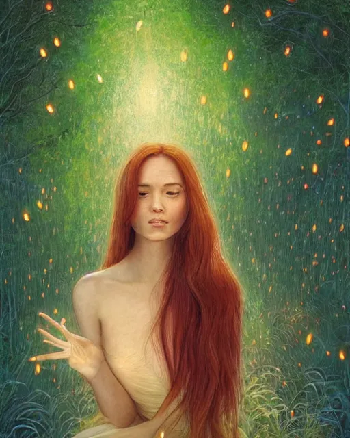 Image similar to a young woman, amazed by the lights of golden fireflies, sitting in the midst of nature fully covered, long loose red hair, intricate linework, open green eyes, small nose with freckles, oval shape face, soft happy smile, realistic, expressive emotions, mystical scene, hyper realistic ultrafine detailed illustration by james jean and albert bierstadt and artgerm