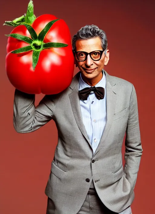 Image similar to jeff goldblum in a tomato outfit