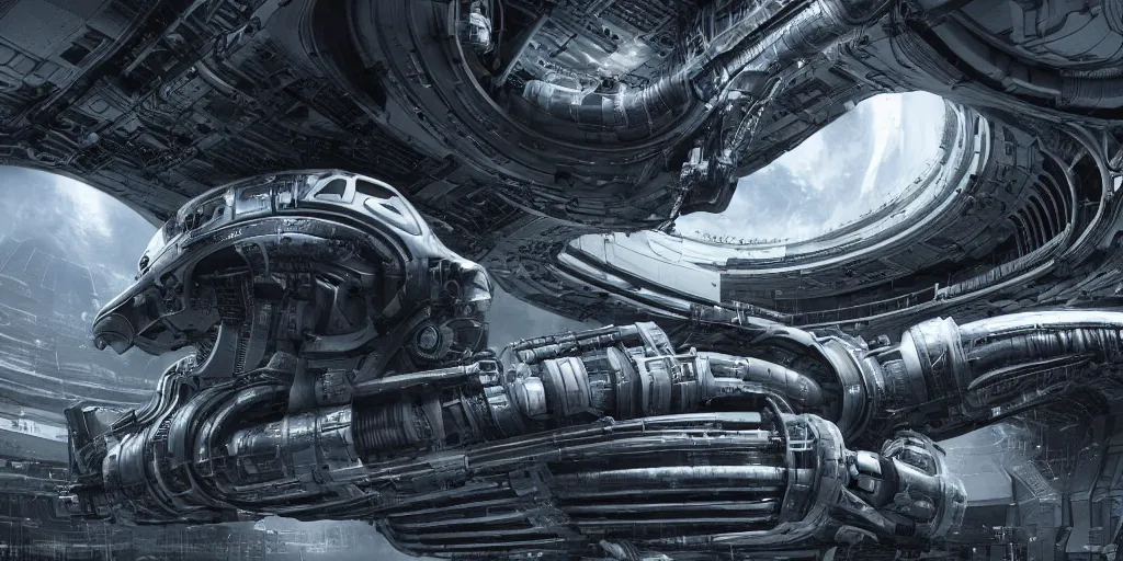 Image similar to prometheus movie, alien structures, industrial maintenance shuttle vehicle, sci - fi interior, technology, by h. r. giger, concept artwork 8 k render octane high definition